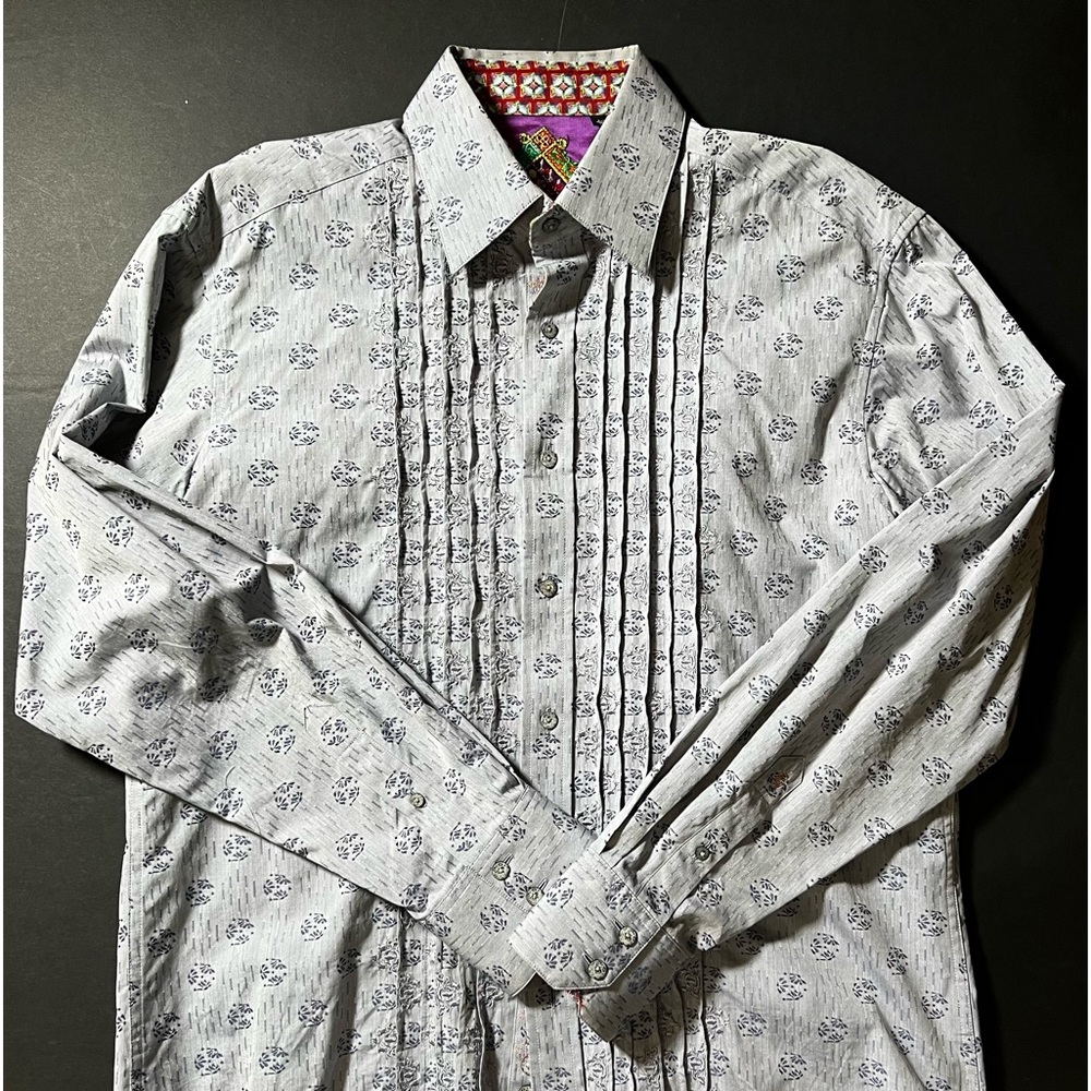 Robert Graham Tailor Fit Fancy Pleated Front  Button Up Dress Shirt L